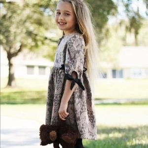 Nude Tan Floral Lace Contrast Lining Bow Tie 7/8 Sleeve Holiday Party Dress